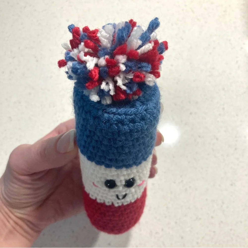 Crochet firecracker play rattle NWT handmade red white and blue 4th of July
